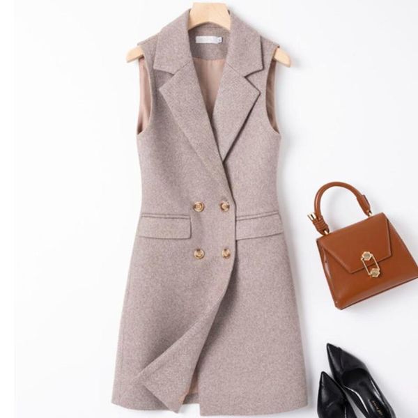 

women's vests autumn winter double breasted woolen vest women slim long sleeveless jacket1, Black;white
