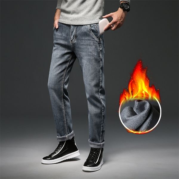 Jeans caldi invernali da uomo con design antifurto con cerniera Grigio blu Pantaloni in denim elasticizzato slim fit in cotone di alta qualità Pantaloni maschili di marca 220308
