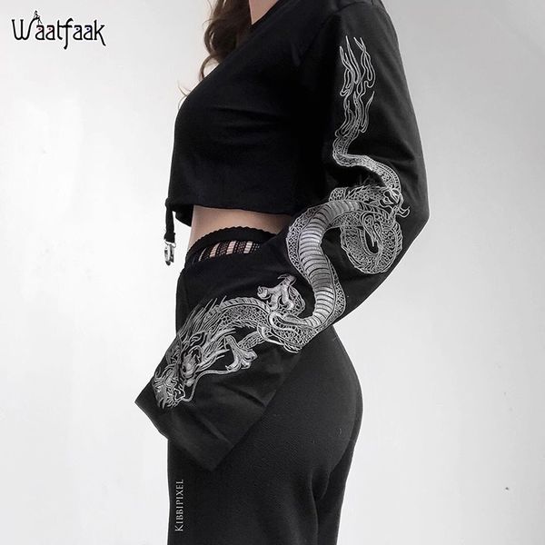 

waatfaak gothic flare sleeve dragon print punk sweatshirt women o neck streetwear cropped hoodies autumn black gothic hoodie y200610