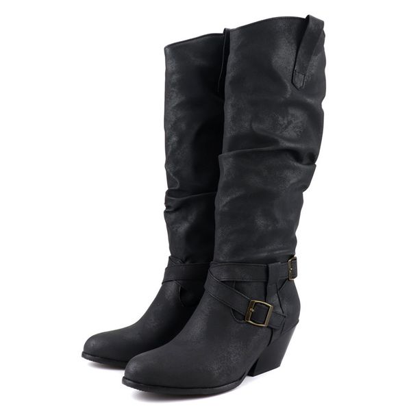 

morazora 2020 new arrival women knee high round toe buckle western boots square heel casual shoes ladies big size 48, Black