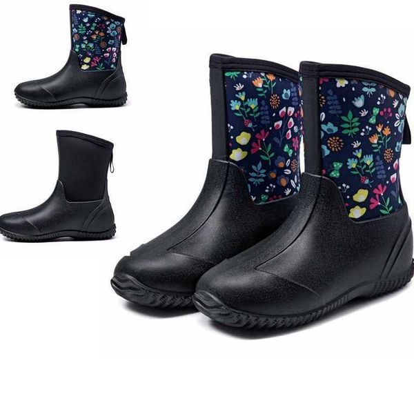 

fashionable women's medium tube cow brown boots solid color rain broken flower water shoes tasteless, non slip and wear-resistant, Black