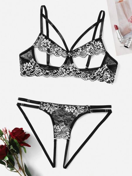 

plus cut out floral lace underwire lingerie set c7oq#, Black;white