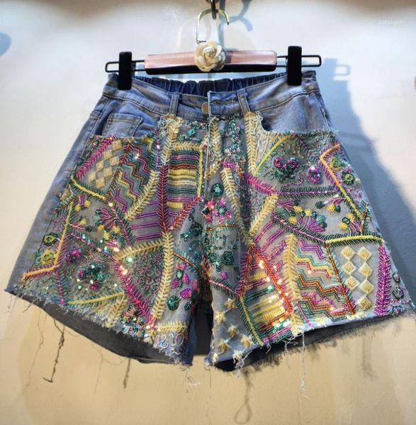 

harajuku jean short woman 2020 summer new studded color beaded sequin mesh high waist wide leg jeans shorts female pants1, Blue