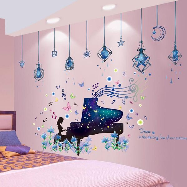 

[shijuekongjian] chandeliers lights wall stickers diy piano girl mural decals for living room kids bedroom house decoration