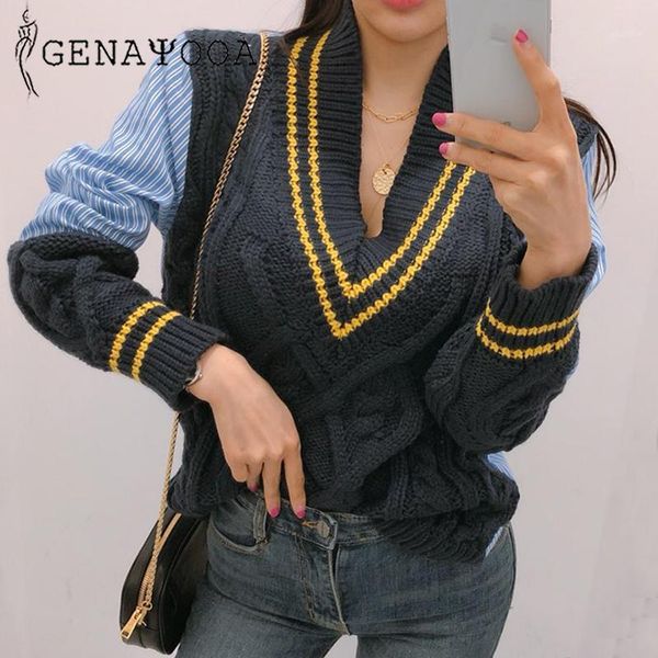 

genayooa casual knit sweater women sweaters and pullovers high elastic jumper women v neck long sleeve patchwork sweater womens1, White;black