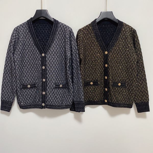 

1110 2020 autumn brand same style regular v neck beads kint sweater button women clothes, White;black