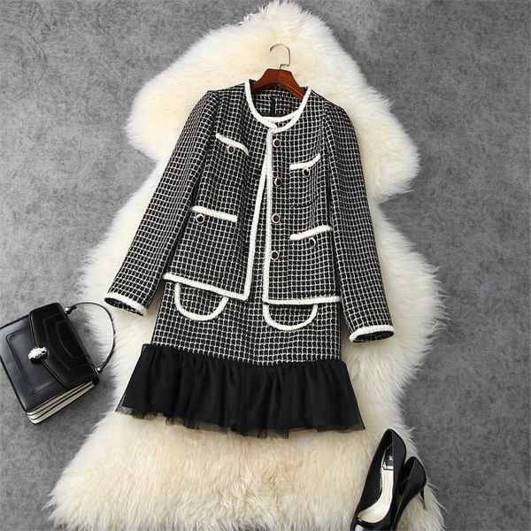 

runway designer long sleeve plaid tweed woolen jacket and tank dresses for women 2020 autumn winter vestidos, Black;gray