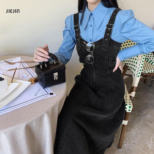 

dress women cowboy ladies suspenders a-line dresses female loose plus size bib black cowboy long dress 2021 new hit, Black;gray