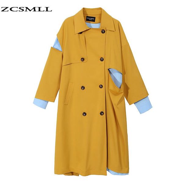

zcsmll yellow windbreaker women long sleeve turn-down collar korean fashion patchwork color coat casual female jacket tide, Tan;black