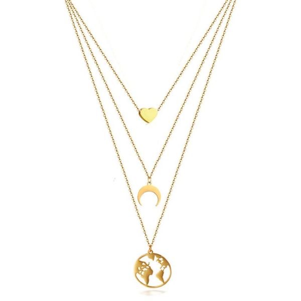 

chokers fashion retro moon heart pendant multilayer gold color stainless steel necklace party charm jewelry for women, Golden;silver