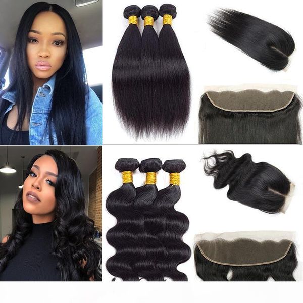 

9a virgin malaysian hair body wave straight hair weaves 3 bundles with lace frontal closure or 4x4 lace closure human hair extensions, Black