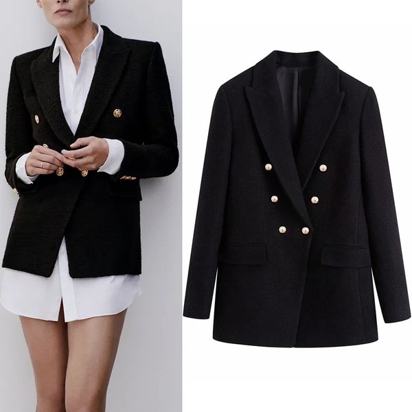 

za black textured double breasted blazer women fall lapel collar long sleeve vintage metal button office ladies blazers y201026, White;black