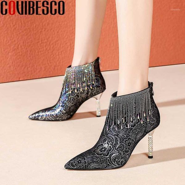 

covibesco fashion women ankle boots autumn winter pointed toe zipper shoes woman kid suede rhinestone fringe thin heels boots1, Black