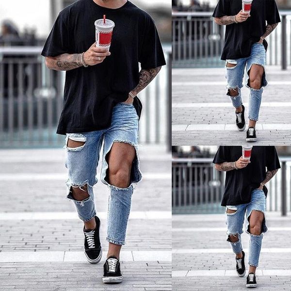 

2021 mens cool designer blue jeans skinny ripped destroyed stretch pants holes for male destroyed jeans streetwear