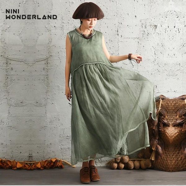 

niniwonderland summer maxi dress do old cotton linen sleeveless dresse women loose casual long dress vintage clothes big size1, Black;gray