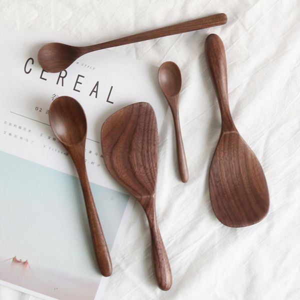 

japanese style black walnut wooden dessert spoon tableware coffee honey spoons stir long scoop soup rice spoon kitchen supplies h sqciws