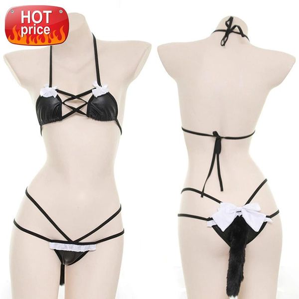 

cute anime cosplay bunny girl fox tail halloween costume for women kawaii lingerie maid outfit micro bikini bra panty #dd1s, Black;white