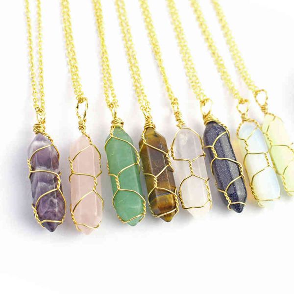 

gemstone amethyst double point pencil golden wire wrap crystal pendant necklace for women girl, Silver