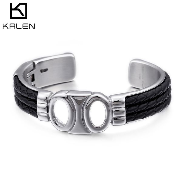 

stainless steel double round circle charm bangles for men tri-layer woven leather open vintage biker jewelry, Black
