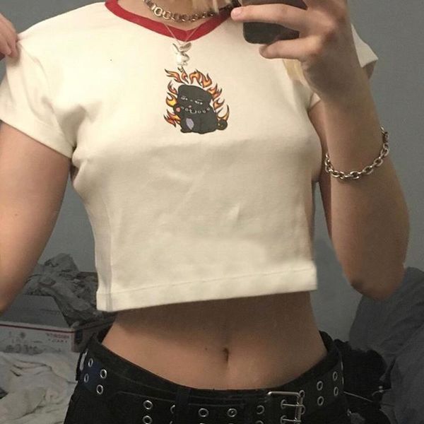 

women's funny print t shirts 2020 summer harajuku short sleeve crop girls cute fire dog t-shirt v neck cotton tshirt femme, White