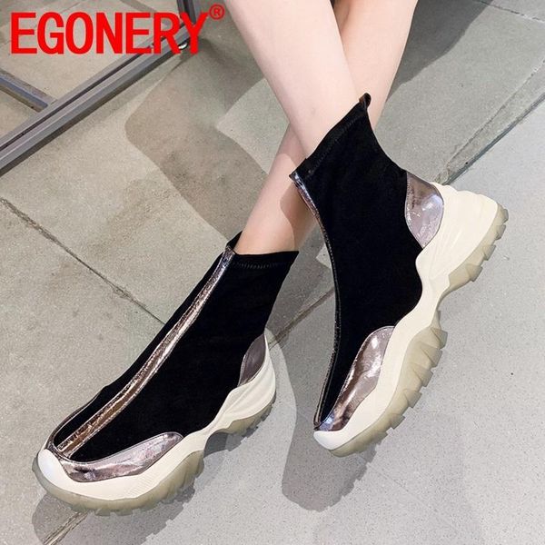 

boots egonery woman shoes 2021 spring concise casual handmade genuine leather ankle outside high heels platform ladies, Black