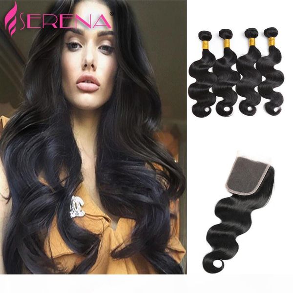 

brazilian malaysian peruvian hair extensions natural color body wave 1pc 3 way part lace closure 4"x4" with 4pcs hair bundles, Black;brown