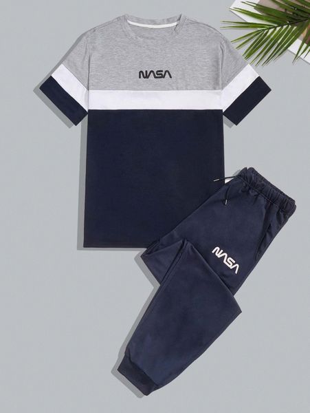 

men letter graphic color block tee & drawstring sweatpants l84n#, Gray