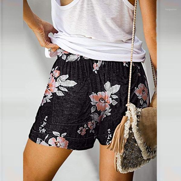 

women shorts 2020 womens floral print elastic waist loose shorts summer ladies comfy drawstring casual print pockets shorts#6.51, White;black