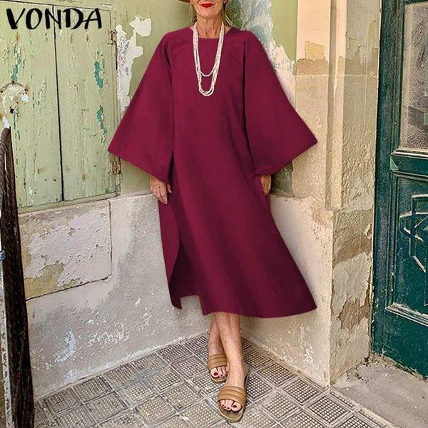 

casual dresses kaftan women autumn sundress 2021 cotton linen long split dress vonda elegant sleeve vestidos solid robe 5xl, Black;gray