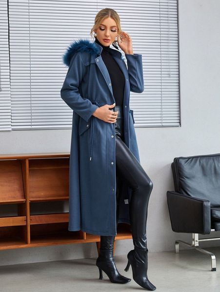 

fuzzy trim hooded drawstring waist longline overcoat r74s#, Black