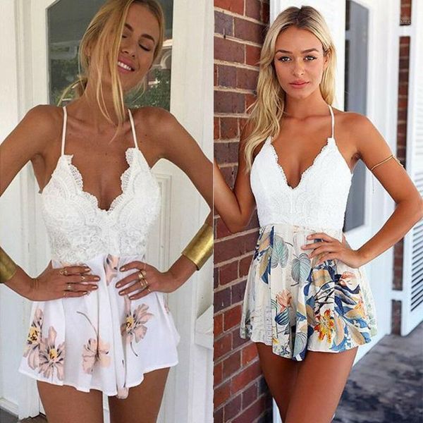 

women summer sleeveless v-neck holiday playsuit romper ladies boho backless lace floral playsuits1, Black;white