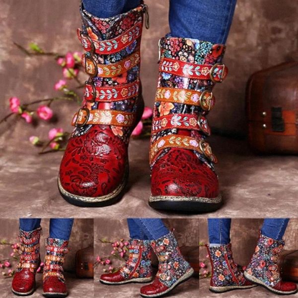 

women's boots vintage ankle boots pu leather floral printed rubber buckle laides shoes non-slip winter women #xw5u