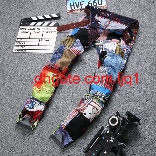 

new fashion brand straight fit jeans with holes and multi colored cloth stitching and washing jeans pants, Blue