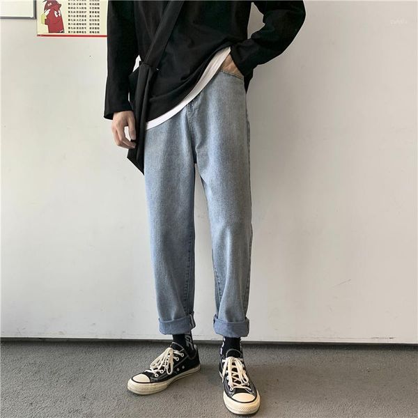 

autumn new jeans men's fashion washed solid color casual jeans pants man streetwear wild hip hop loose straight denim trousers1, Blue