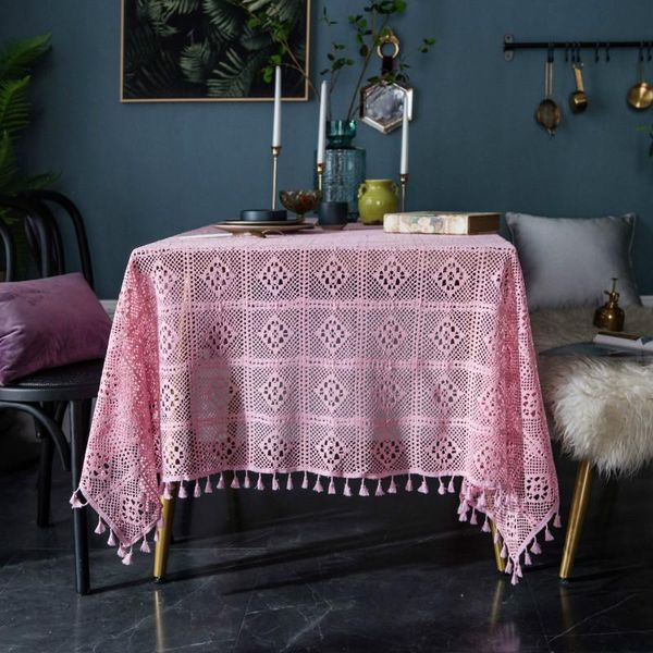 

pink table cloth with tassel rectangle handmade crochet geometric party banquet wedding tablecloth home tables decor cloth