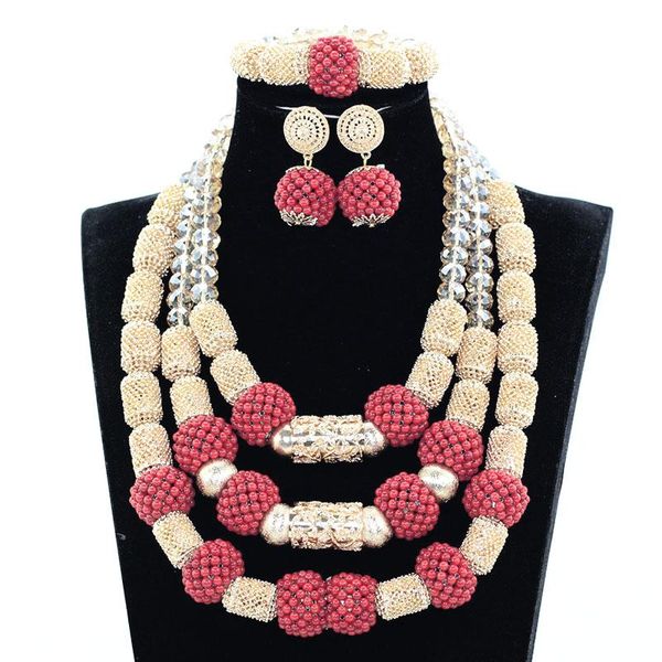 

original wine red coral bridal beads jewelry set dubai gold wedding african nigerian jewelry necklace set we123, Silver