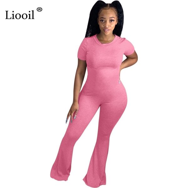 

liooil bodycon jumpsuits flare pants short sleeve o neck black gray party club rompers womens jumpsuit bell bottom pants y200904, Black;white