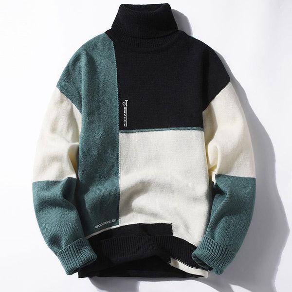 

men's sweaters winter thick warm turtleneck men sweater fashion patchwork christmas jumper mens pullover, White;black
