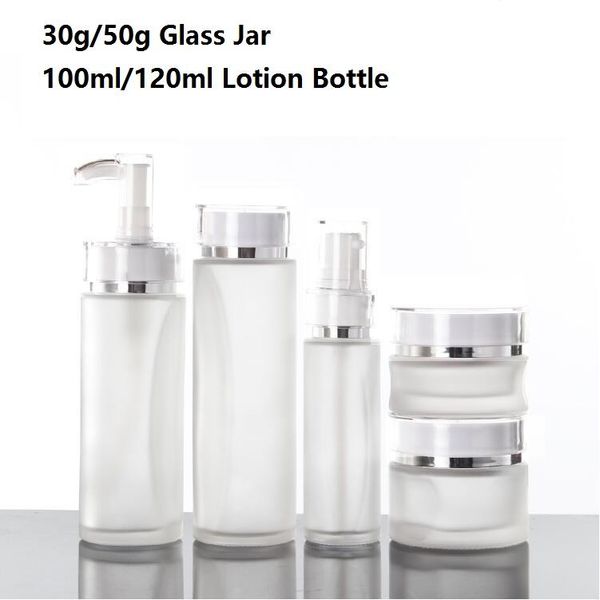 

10pcs classical elegant frosted glass long pump bottle cosmetic glass cream jar lotion pump bottle white lid 30g 50g 100ml 120ml
