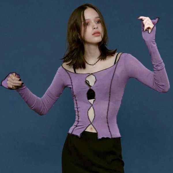 

purple women long sleeve shirts 2020 hollow out slit hem autumn streetwear slim cotton ladies casual patchwork, White