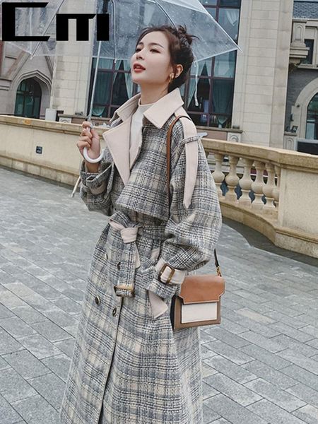

2020 spring autumn turn down collar women woolen coat plaid print elegant wool jacket women autumn long coat casaco feminino1, Black
