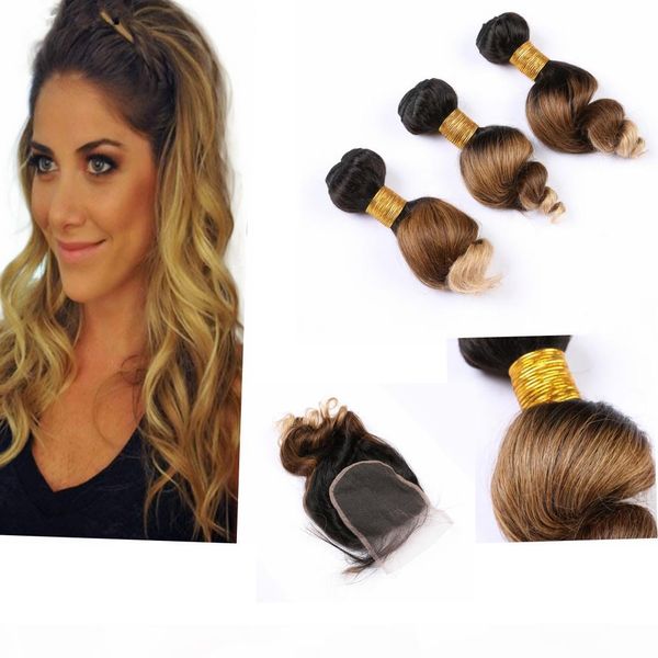 

ombre peruvian bundles with closure dark root ombre wavy bundles with closure 4" * 4" #1b #27 #613 color, Black;brown