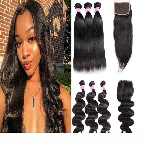 

wholesale 9a human hair bundles with closure straight body wave brazilian peruvian unprocessed human hair extensions with 4x4 lace closure, Black;brown