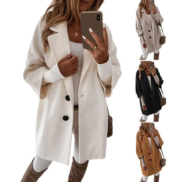 

autumn 3/4 sleeve faux wool coat 2021 women solid color notched lapel buttons loose outerwear basic midi long jacket with pocket, Black;brown