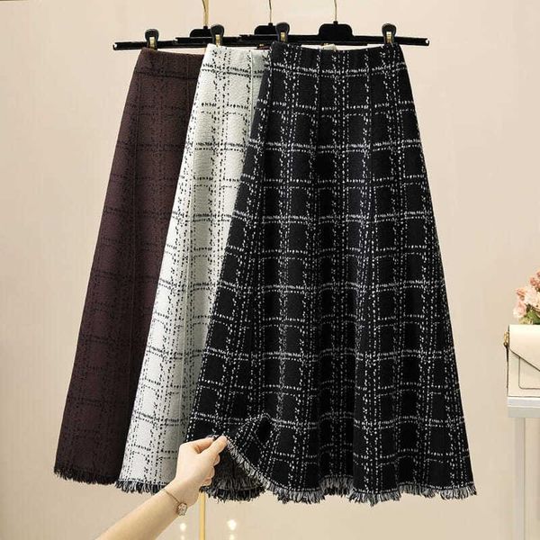 

skirts women 2021 autumn winter vintage stretch high waisted pleated plaid knitted female casual a-line elegant faldas a301, Black