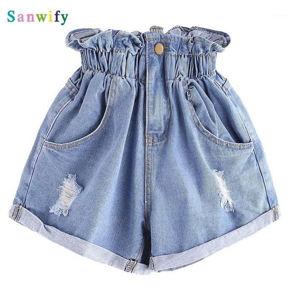 

women shorts hight waist ripped loose casual short pants ladies 2020 summer pleated denim shorts female1, Blue