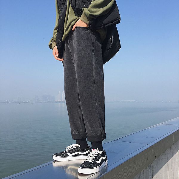 

2021 men's casual oversize warm autumn winter new women thicken solid color jeans korean streetwear male pants ntkg, Blue