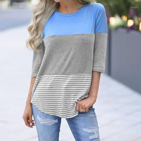 

women's striped patchwork t-shirts 3 / 4 sleeve o-neck tees blue size m1, White