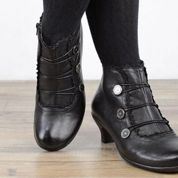 

women's high heels ankle boots retro lace-up low heel boots fashion ladies victorian retro round toe leather women, Black