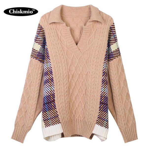 

women's sweaters turn-down collar deep v oversize sweater knitwear women winter clothes patchwork warm long pullover office lady jumper, White;black